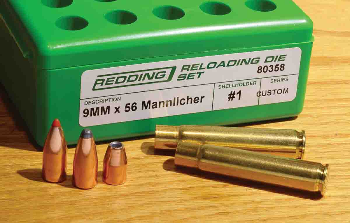 The 9x56mm M-S dies are a stock item with Redding, but bullets and brass proved to be more of a problem.